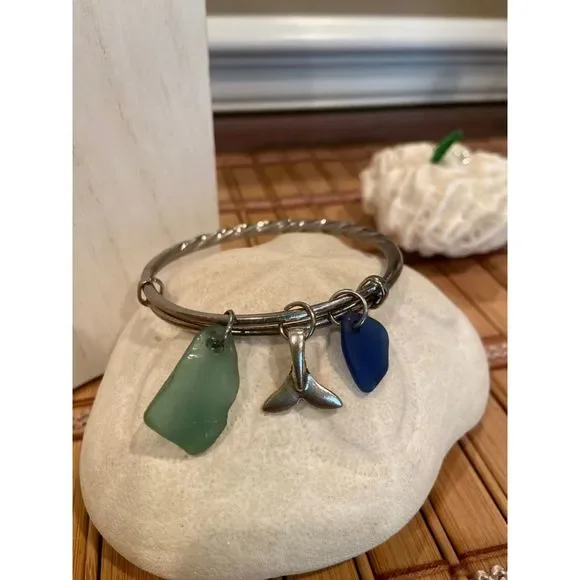 Cobalt Blue & Teal Sea Glass Bangle with Whale Tail - Picture 1 of 6
